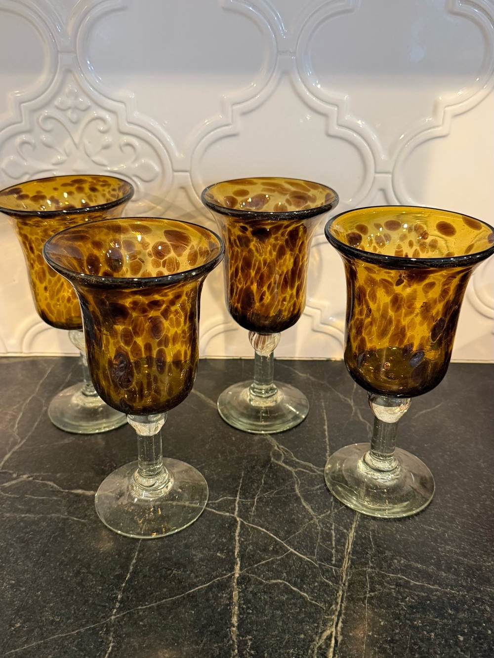 Vintage Hand Blown Tortoise Spotted Amber Brown Glass Goblets Set of 4